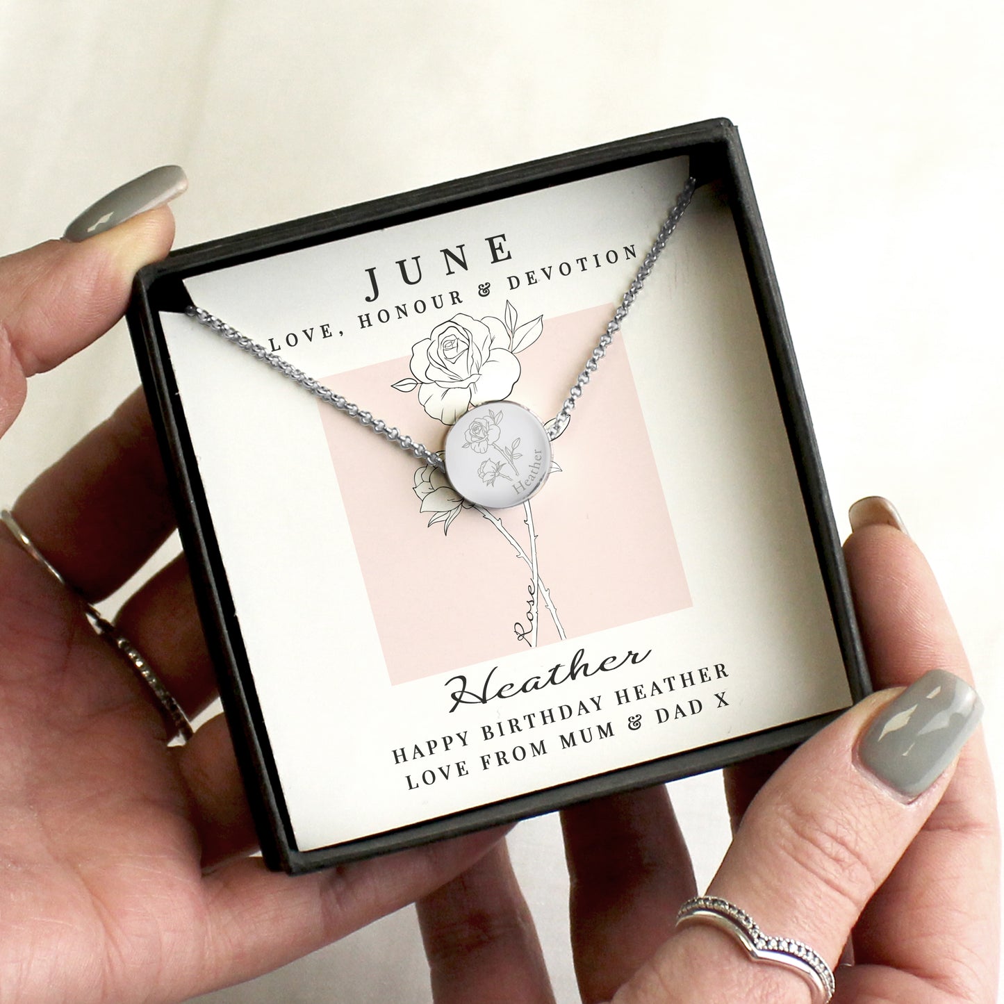 Personalised June Birth Flower Necklace and Box from Heartfelt Gifts