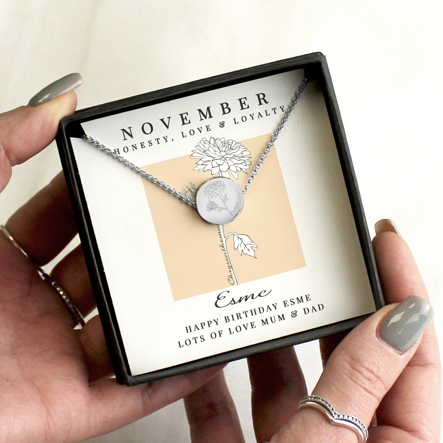 Personalised November Birth Flower Necklace and Box from Heartfelt Gifts