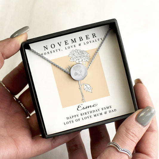 Personalised November Birth Flower Necklace and Box from Heartfelt Gifts