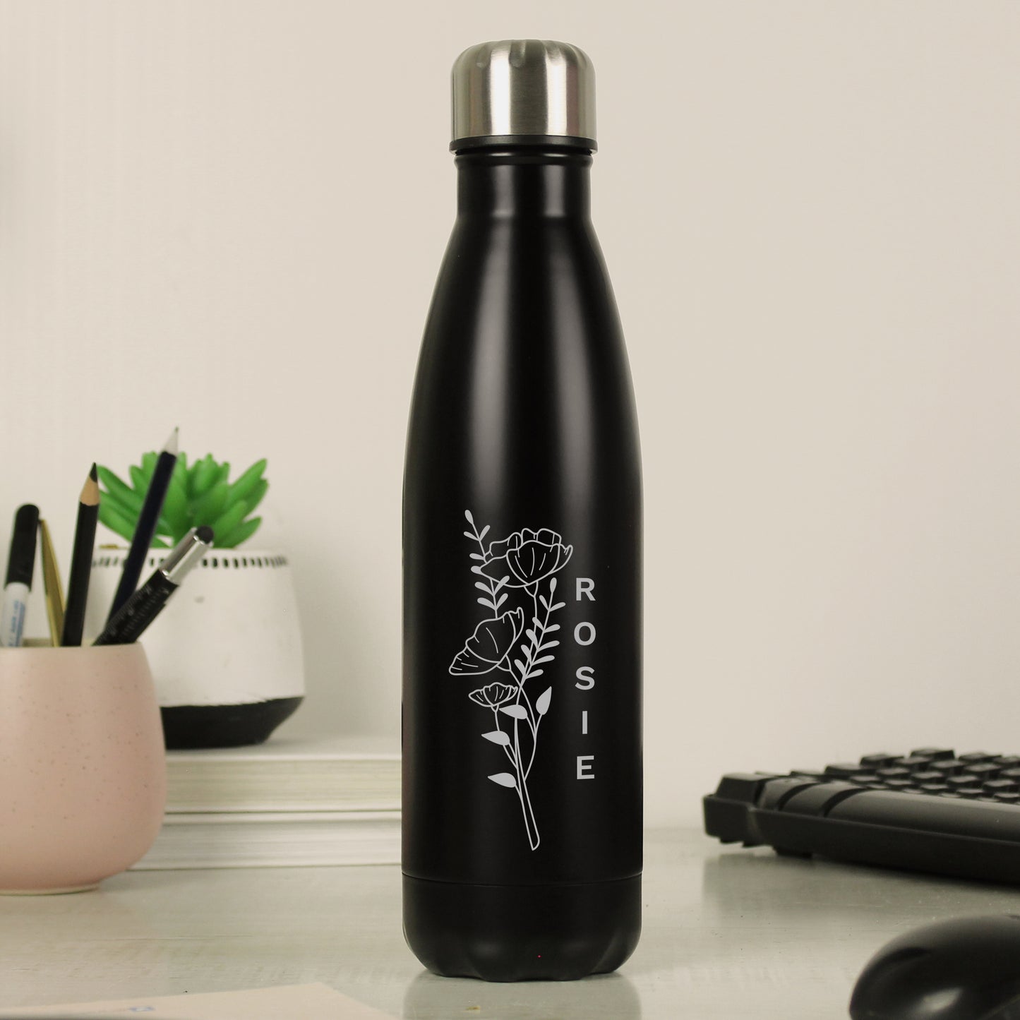 Personalised Floral Black Metal Insulated Drinks Bottle - image 3