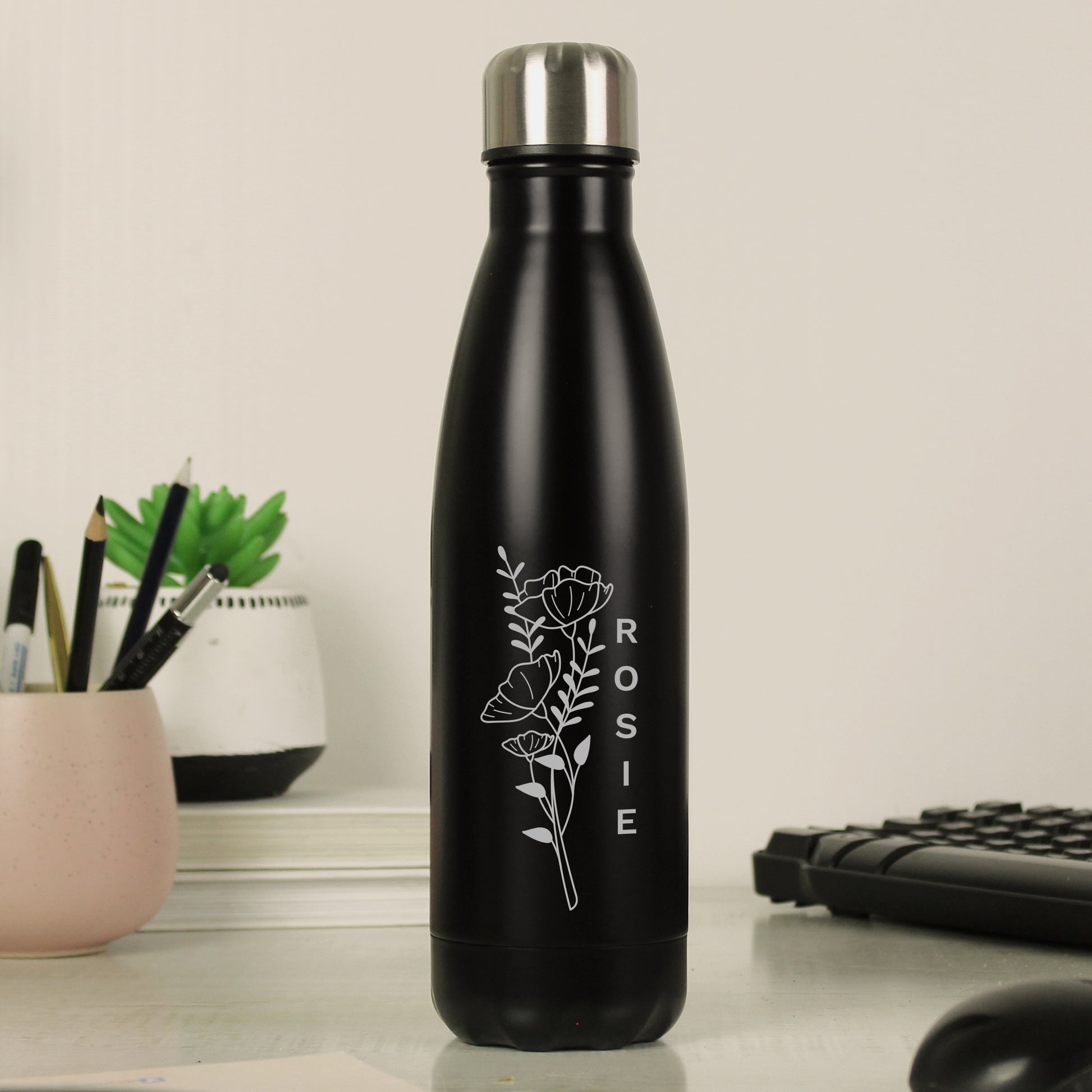 Personalised Floral Black Metal Insulated Drinks Bottle - image 3