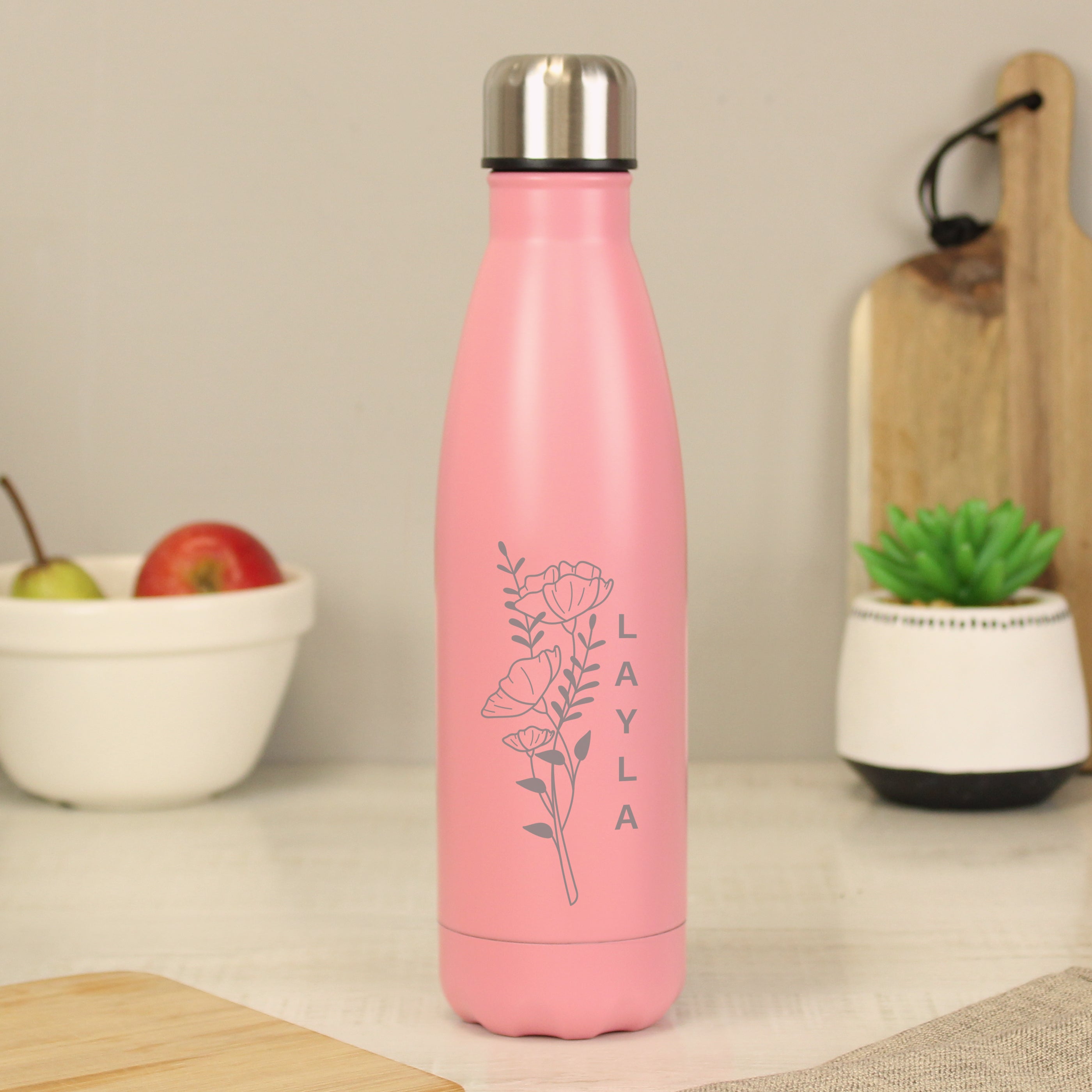 Personalised Floral Pink Metal Insulated Drinks Bottle from Heartfelt Gifts