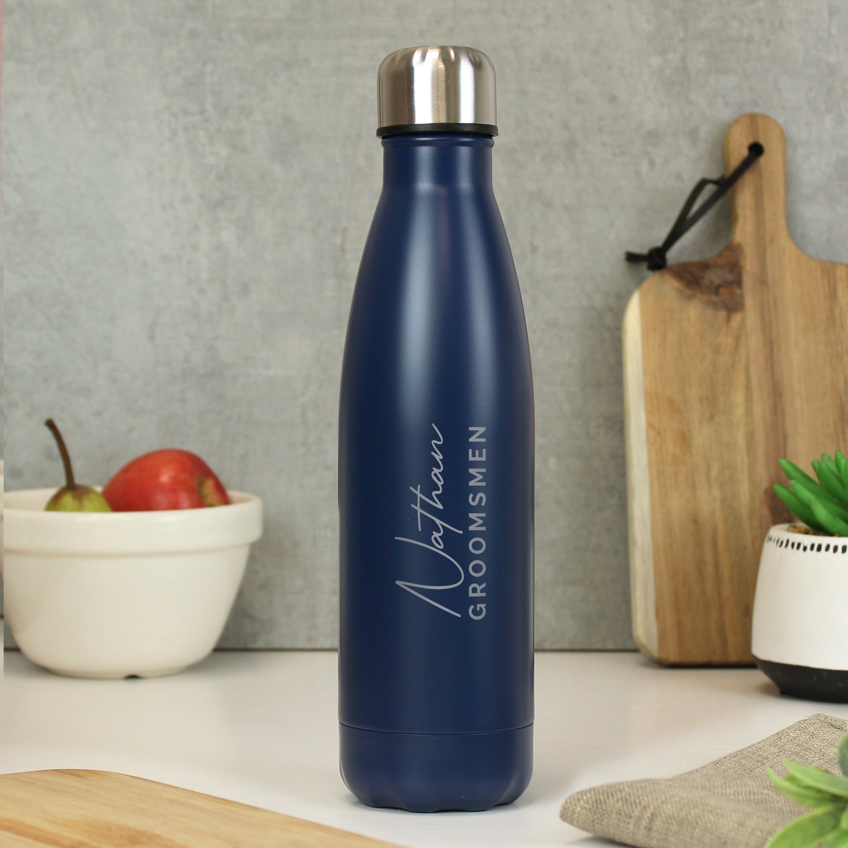Personalised Two Lines Navy Metal Insulated Drinks Bottle from Heartfelt Gifts
