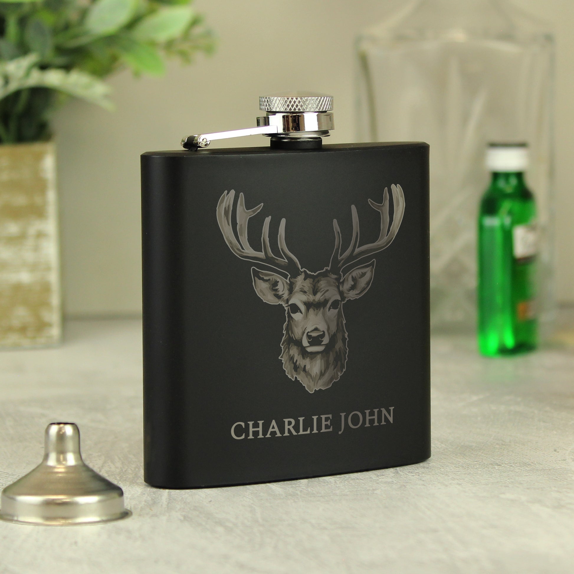 Personalised Stag Black Hip Flask from Heartfelt Gifts
