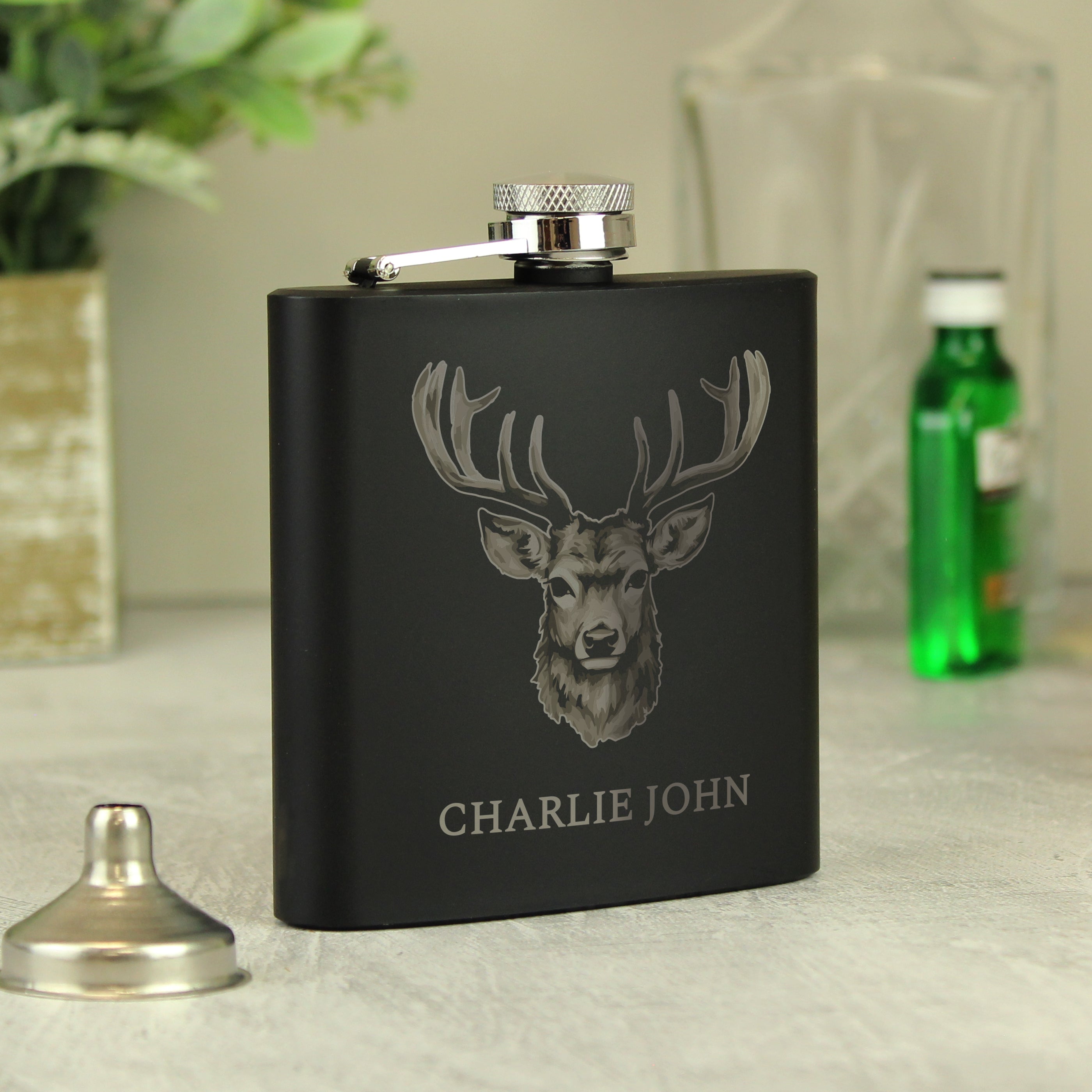 Personalised Stag Black Hip Flask from Heartfelt Gifts