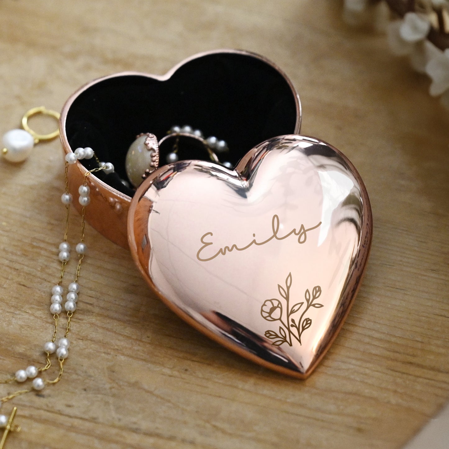 Personalised Floral Rose Gold Heart Trinket Box – Birthday Valentine's Gift for Her