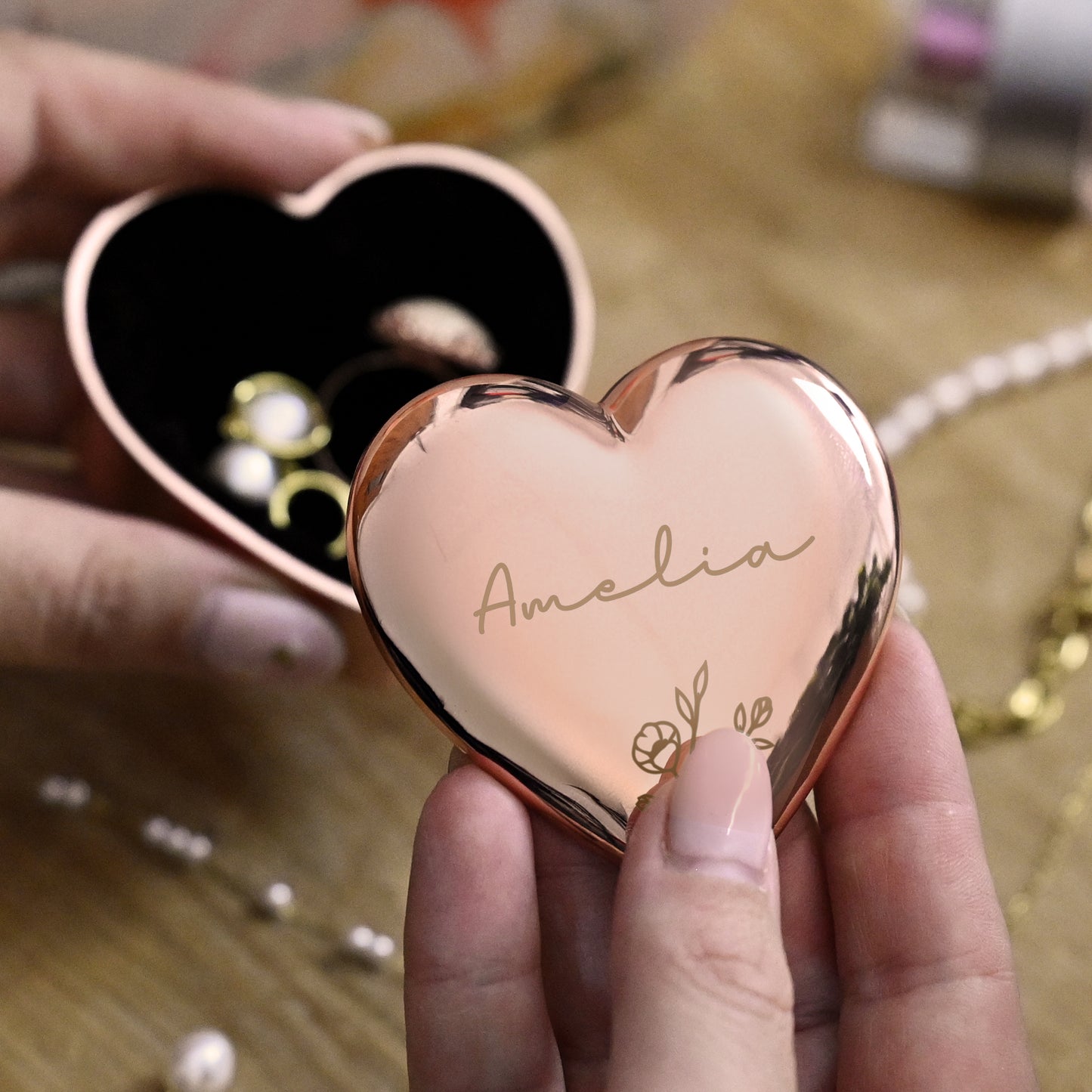 Personalised Floral Rose Gold Heart Trinket Box – Birthday Valentine's Gift for Her - image 2