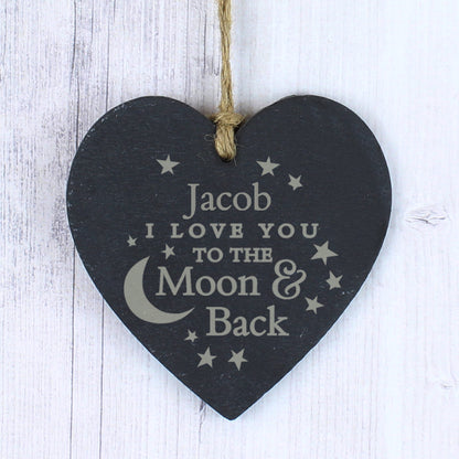 Personalised Engraved Moon and Back Slate Heart Decoration - image 2