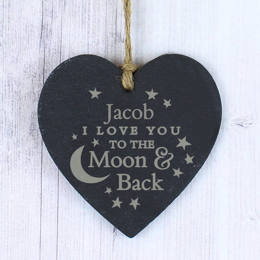 Personalised Engraved Moon and Back Slate Heart Decoration - image 2