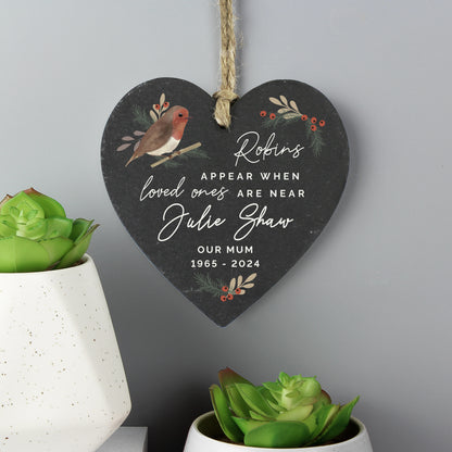 Personalised Memorial Robins Appear Slate Heart from Heartfelt Gifts