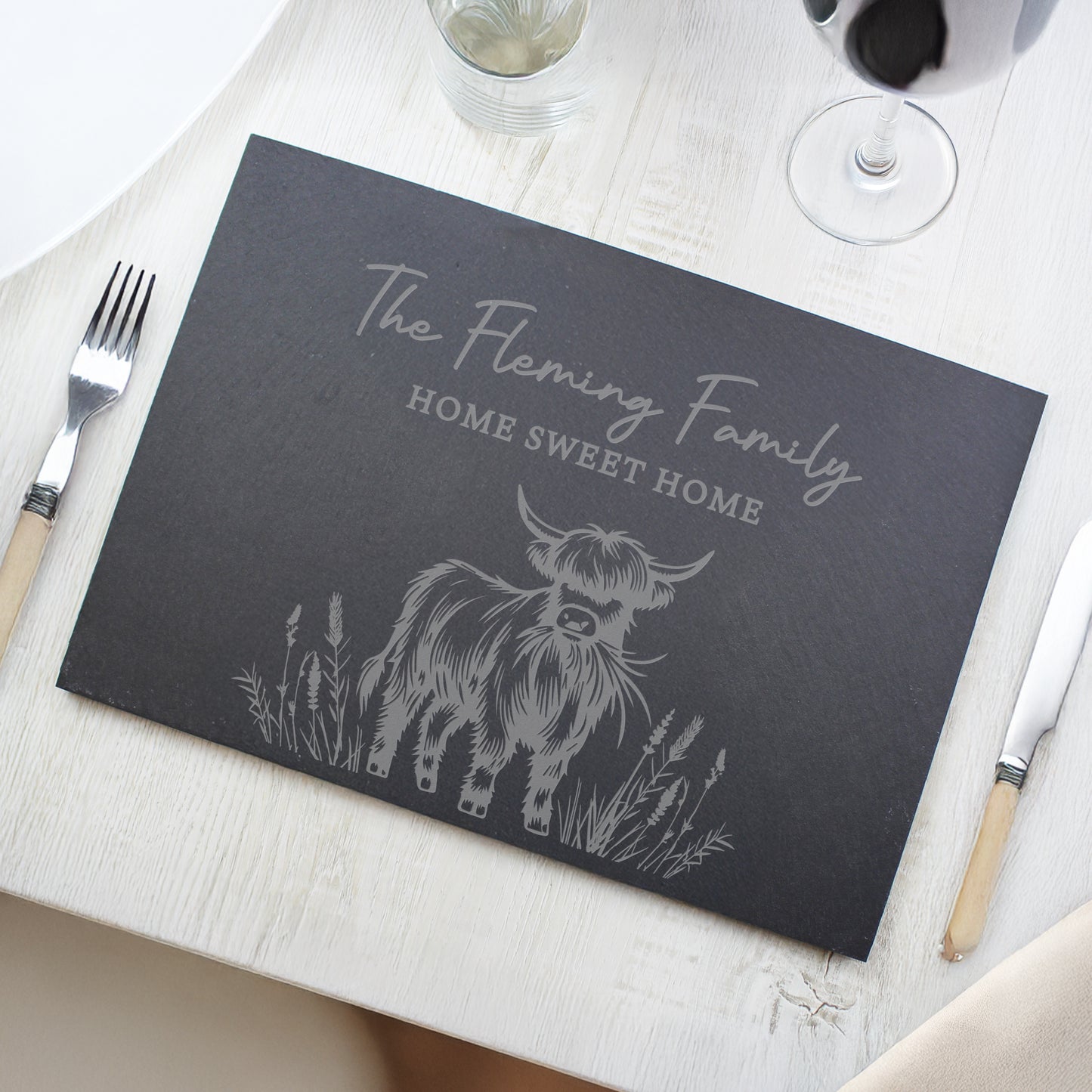Personalised Highland Cow Slate Placemat from Heartfelt Gifts