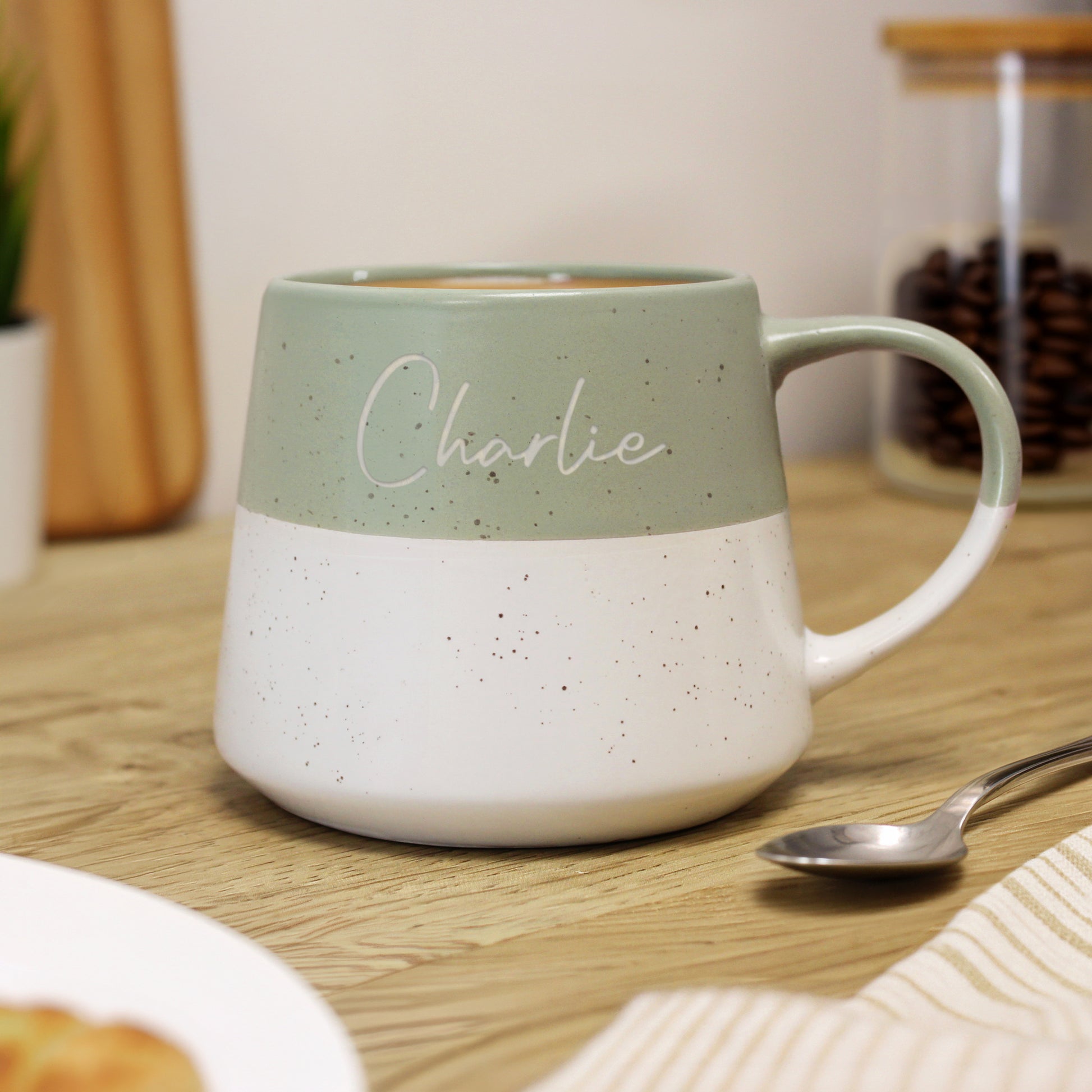 Personalised Name Green Speckled Ceramic Mug from Heartfelt Gifts