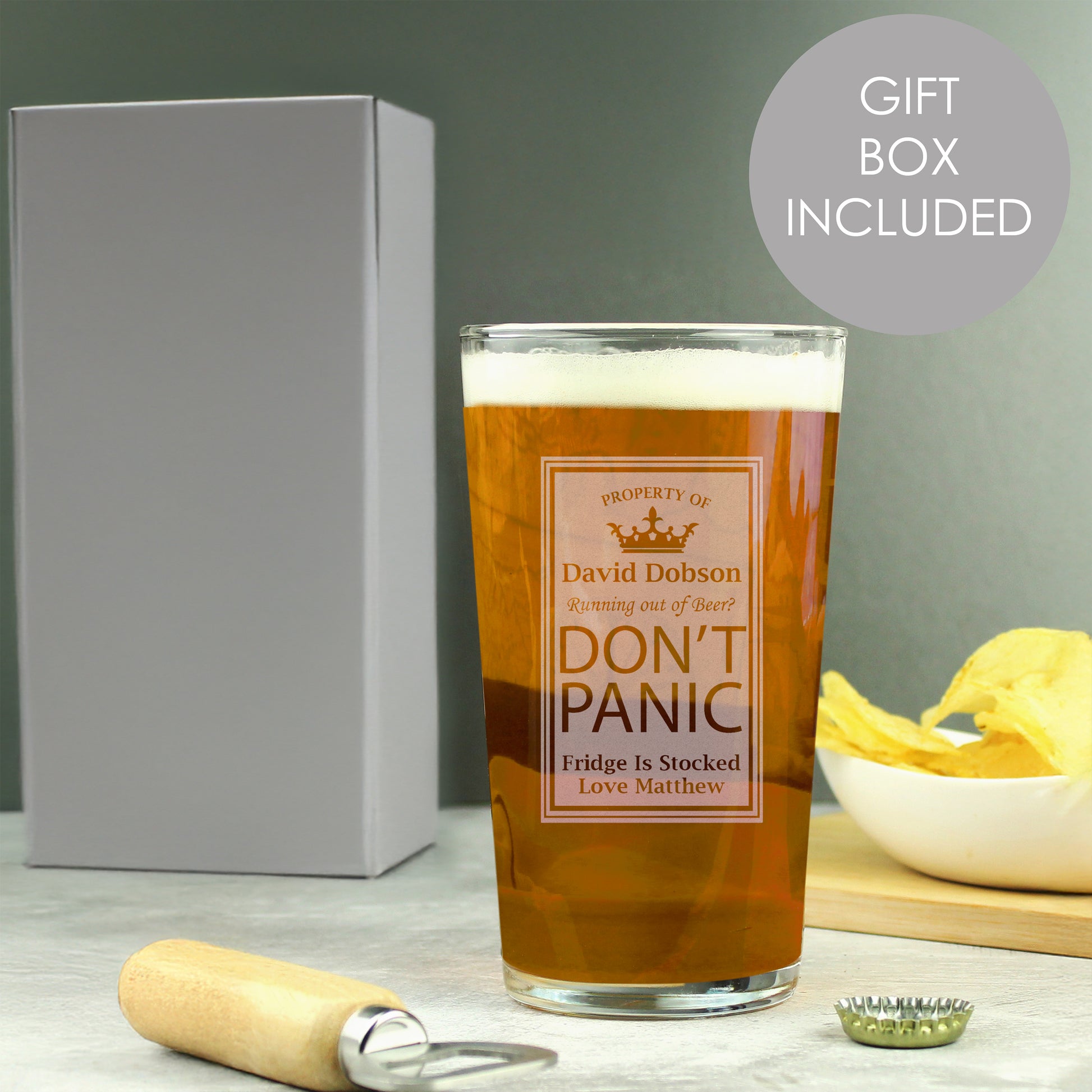 Personalised Don't Panic Pint Glass from Heartfelt Gifts