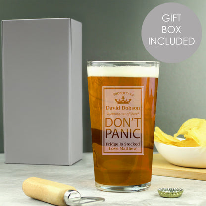 Personalised Don't Panic Pint Glass from Heartfelt Gifts