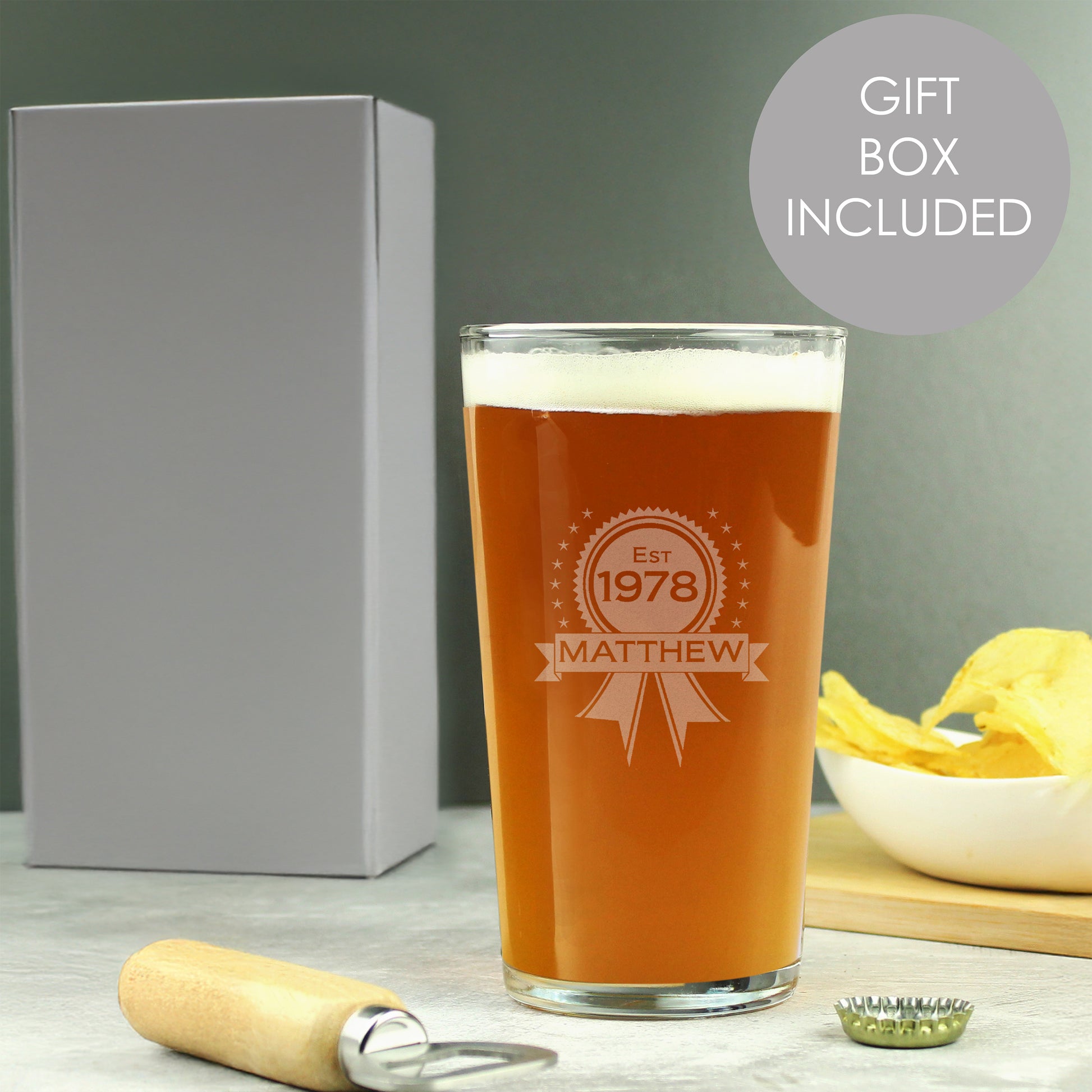 Personalised Established Rosette Pint Glass from Heartfelt Gifts