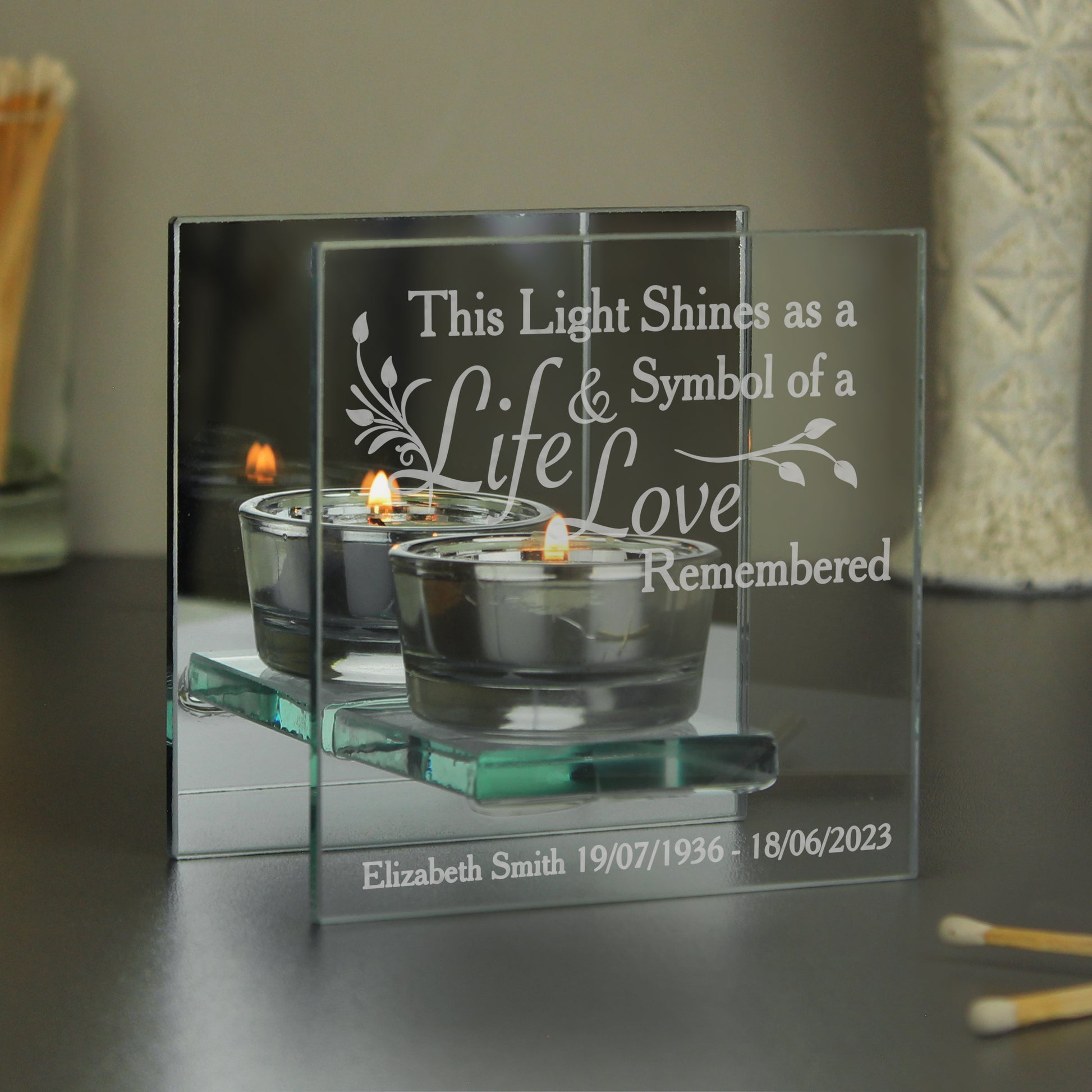 Personalised Life & Love Mirrored Glass Tea Light Candle Holder from Heartfelt Gifts