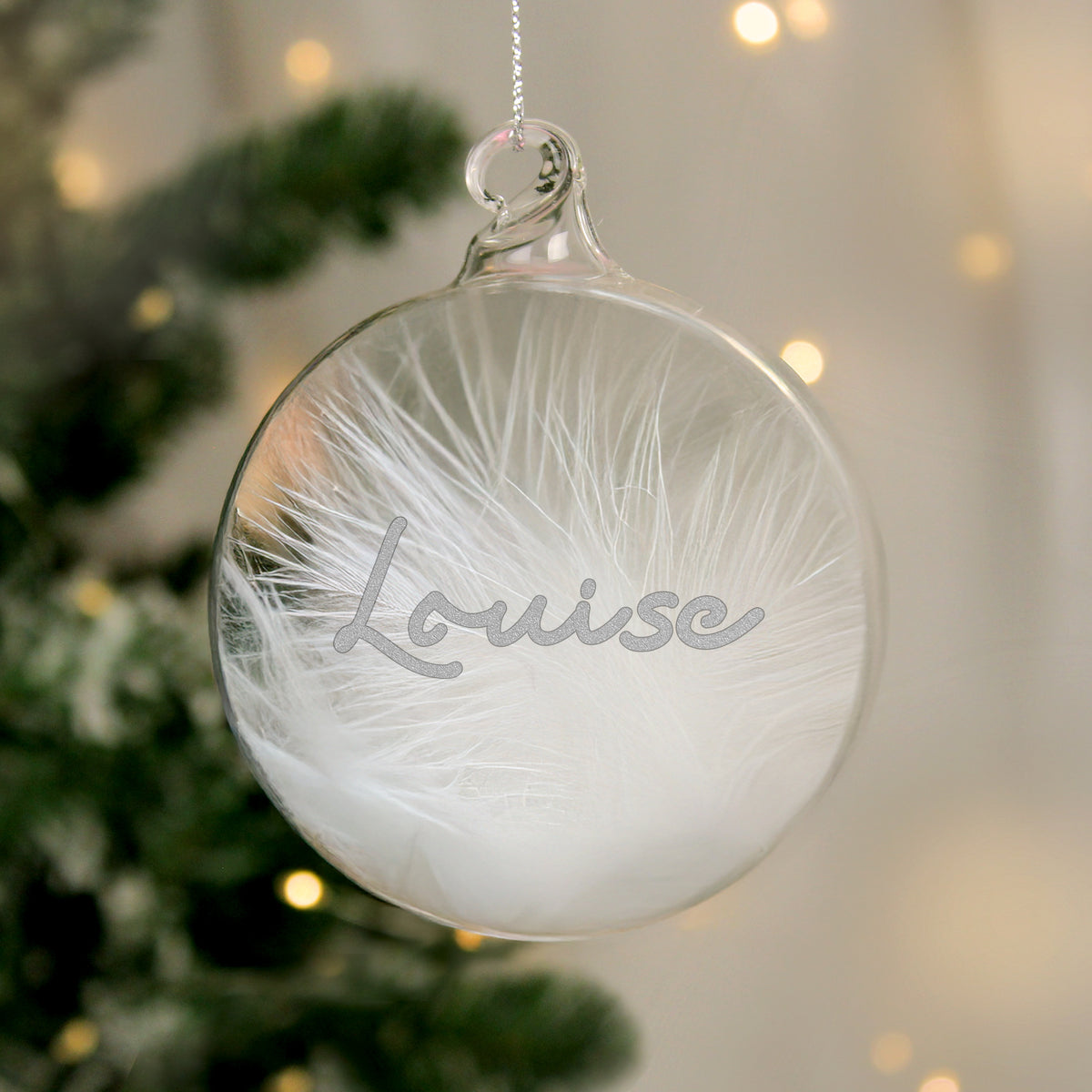 Personalised Silver Glitter Name Only Feather Glass Bauble from Heartfelt Gifts