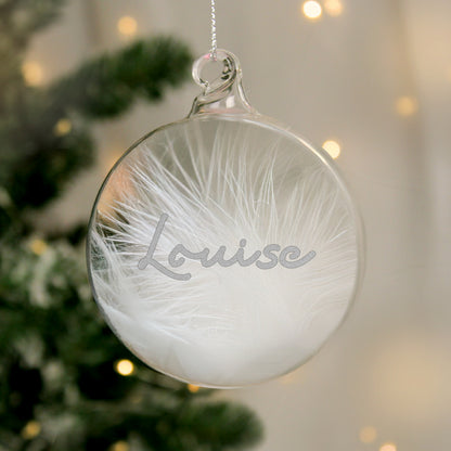 Personalised Silver Glitter Name Only Feather Glass Bauble from Heartfelt Gifts