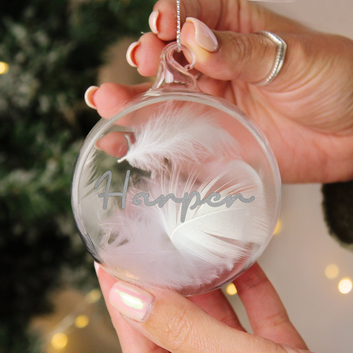 Personalised Silver Glitter Name Only Feather Glass Bauble - image 2