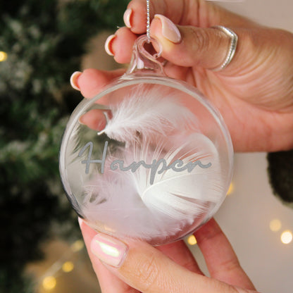 Personalised Silver Glitter Name Only Feather Glass Bauble - image 2