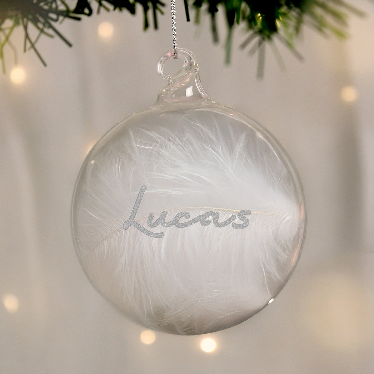 Personalised Silver Glitter Name Only Feather Glass Bauble - image 3