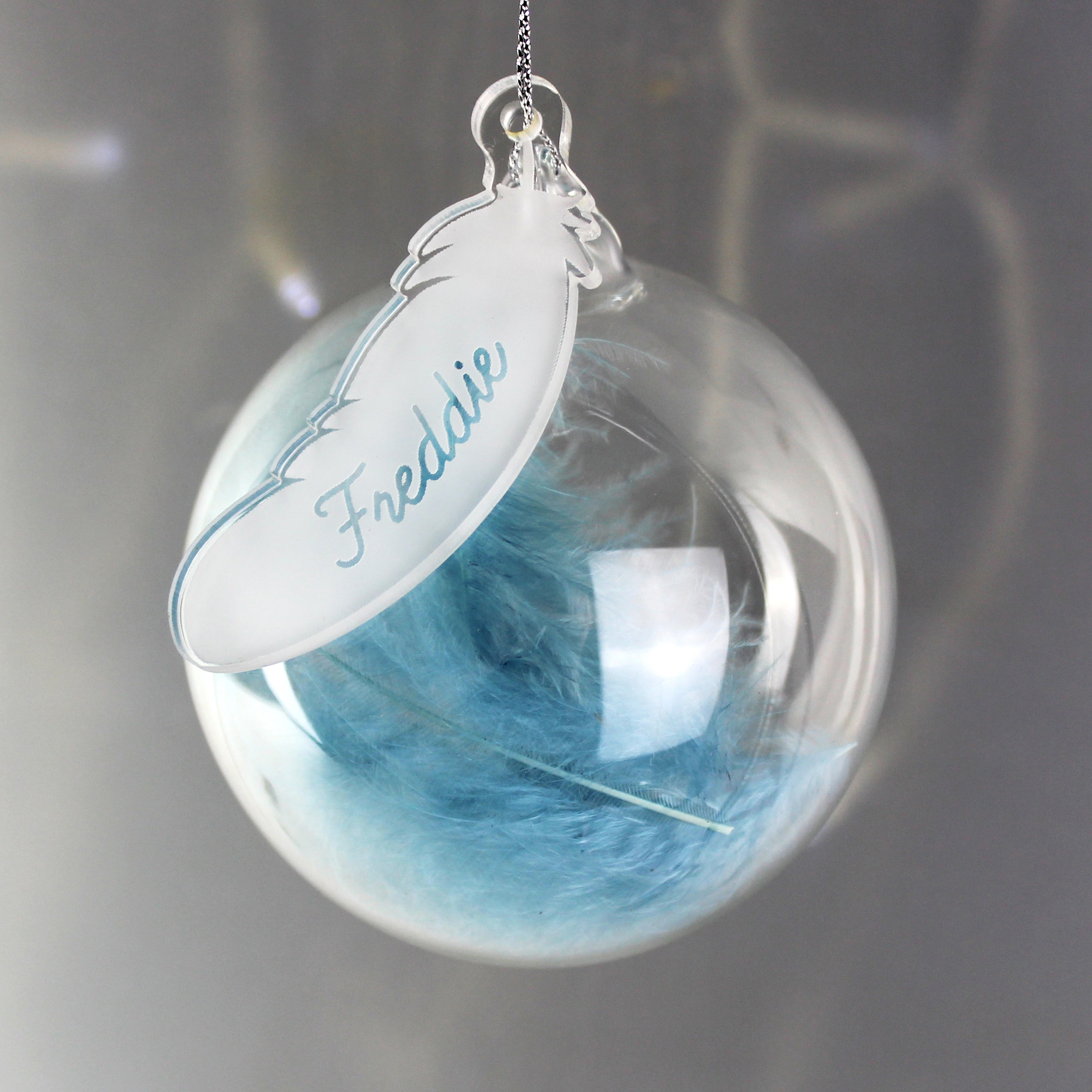 Personalised Blue Feather Glass Bauble from Heartfelt Gifts