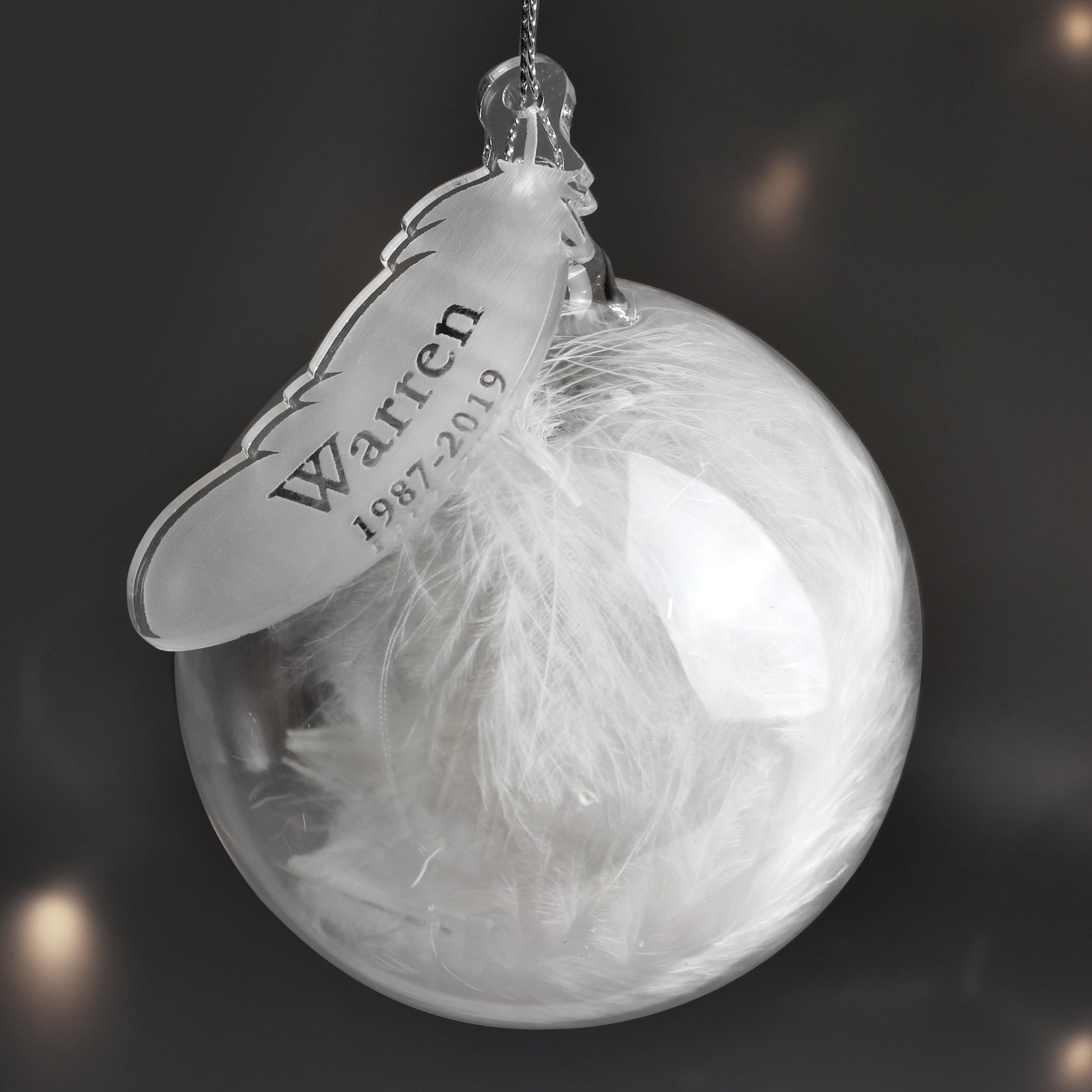 Personalised Name & Date Feather Glass Bauble from Heartfelt Gifts