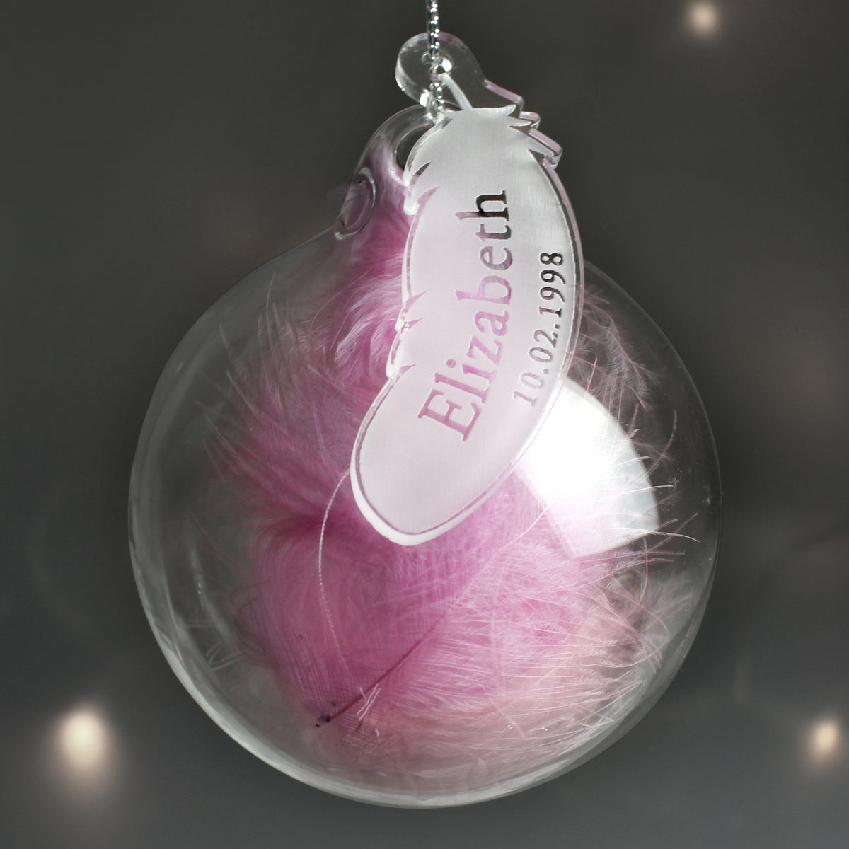 Personalised Name & Date Pink Feather Glass Bauble from Heartfelt Gifts