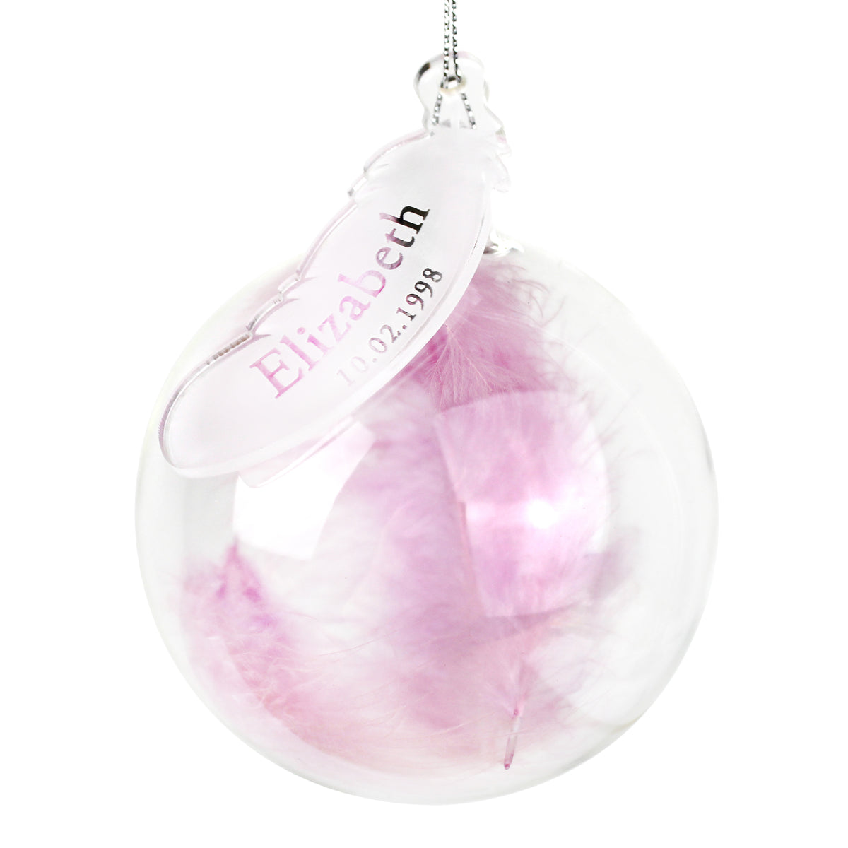 Personalised Name & Date Pink Feather Glass Bauble - image 2