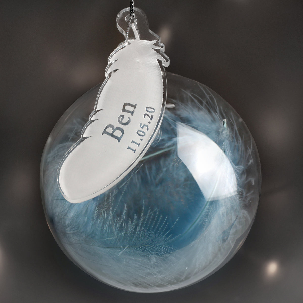 Personalised Name & Date Blue Feather Glass Bauble from Heartfelt Gifts