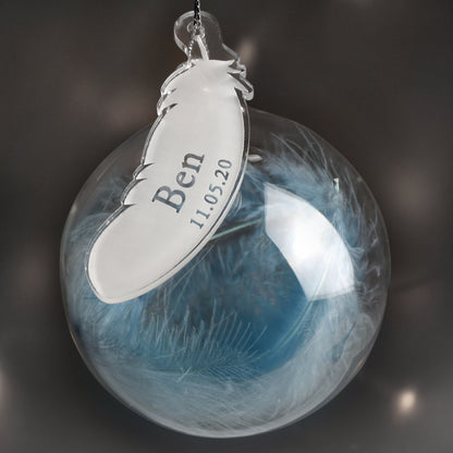 Personalised Name & Date Blue Feather Glass Bauble from Heartfelt Gifts