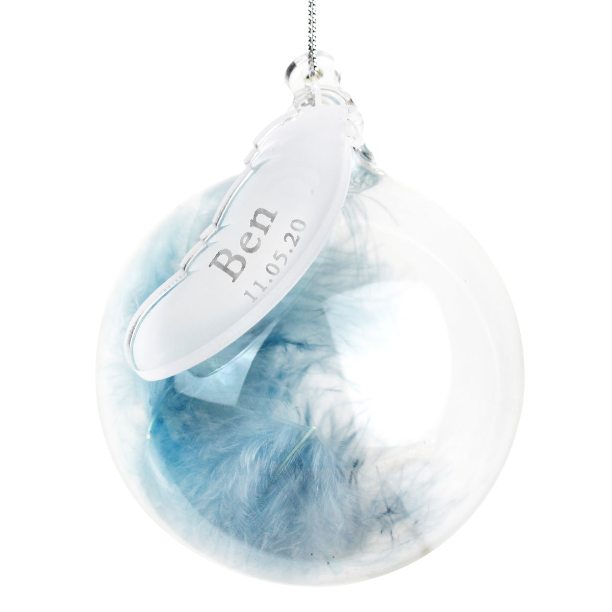 Personalised Name & Date Blue Feather Glass Bauble - image 2