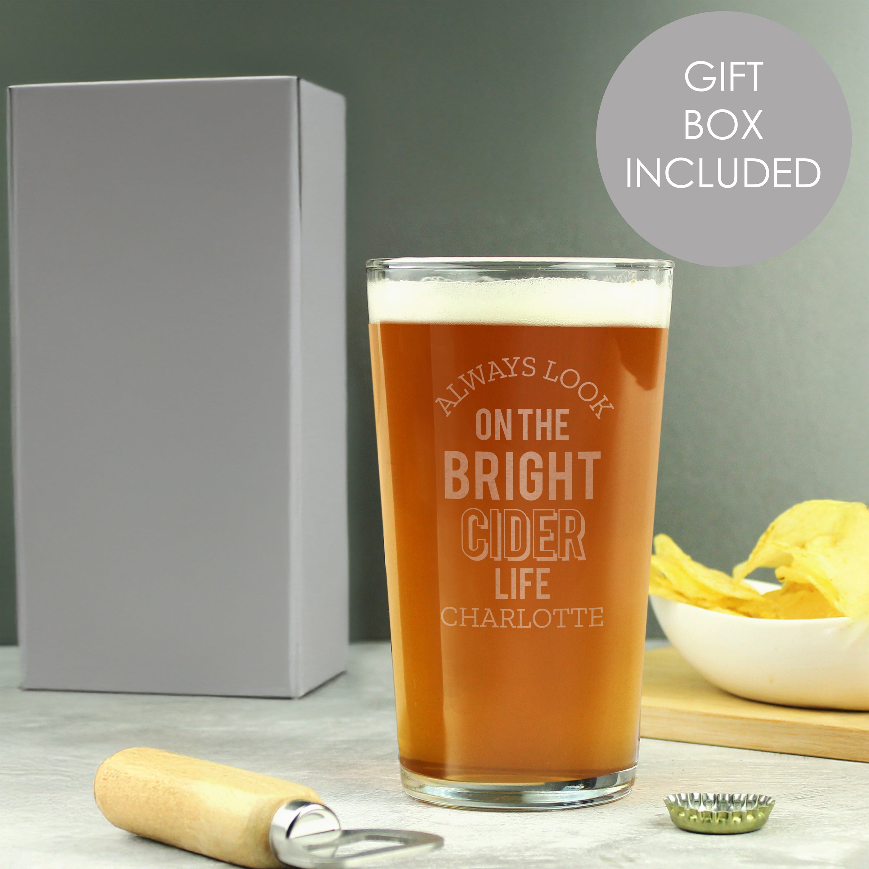 Personalised Always Look On The Bright Cider Life Pint Glass from Heartfelt Gifts