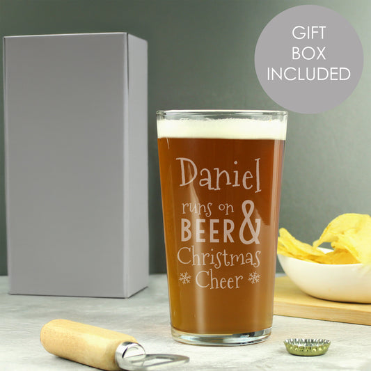 Personalised Runs On Beer & Christmas Cheer Pint Glass from Heartfelt Gifts