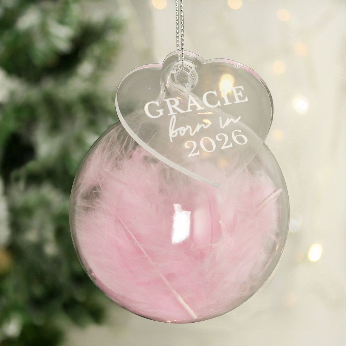 Personalised Born In Pink Feather Glass Bauble With Heart Tag from Heartfelt Gifts