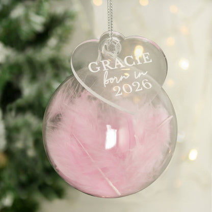 Personalised Born In Pink Feather Glass Bauble With Heart Tag from Heartfelt Gifts