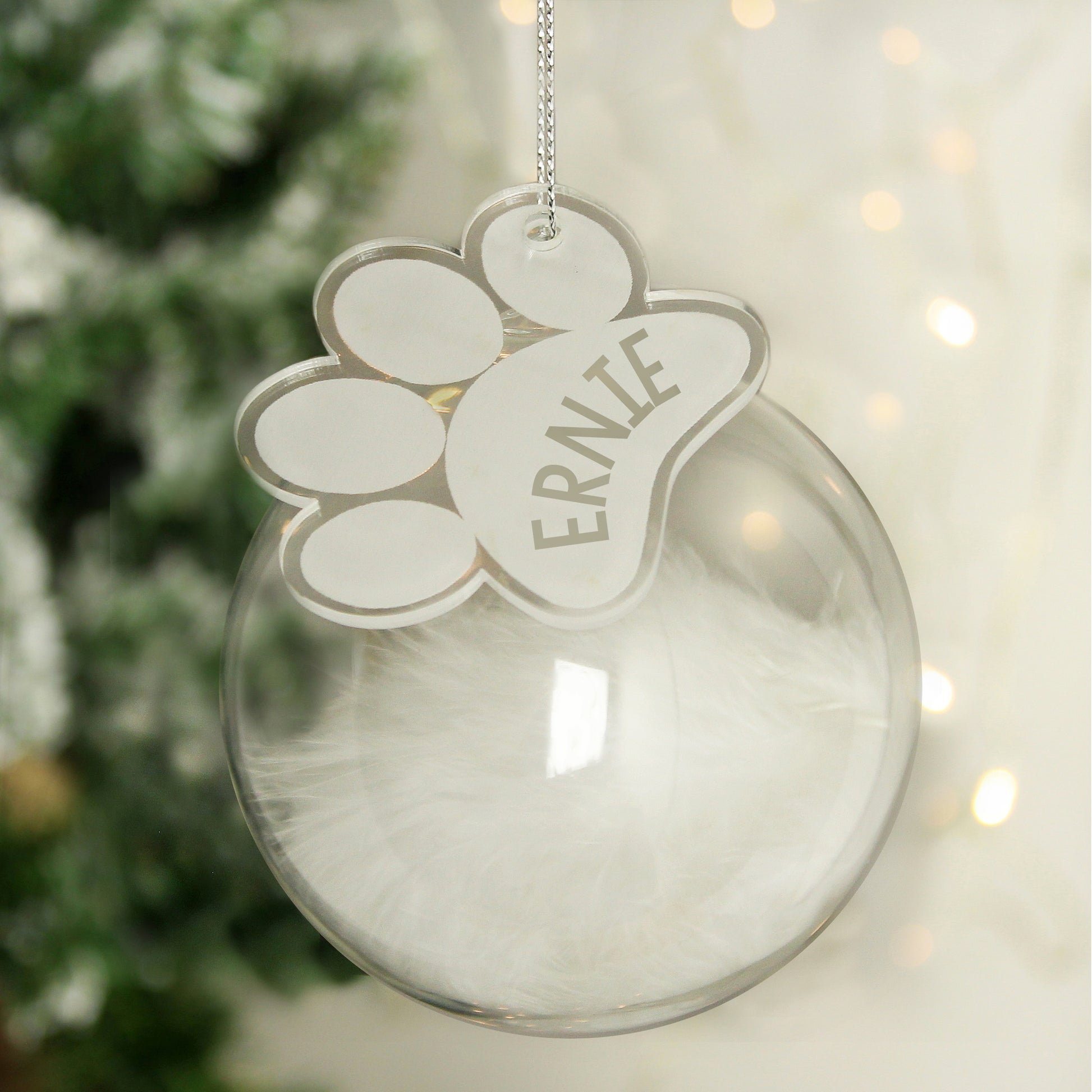 Personalised Pets White Feather Glass Bauble With Paw Print Tag from Heartfelt Gifts