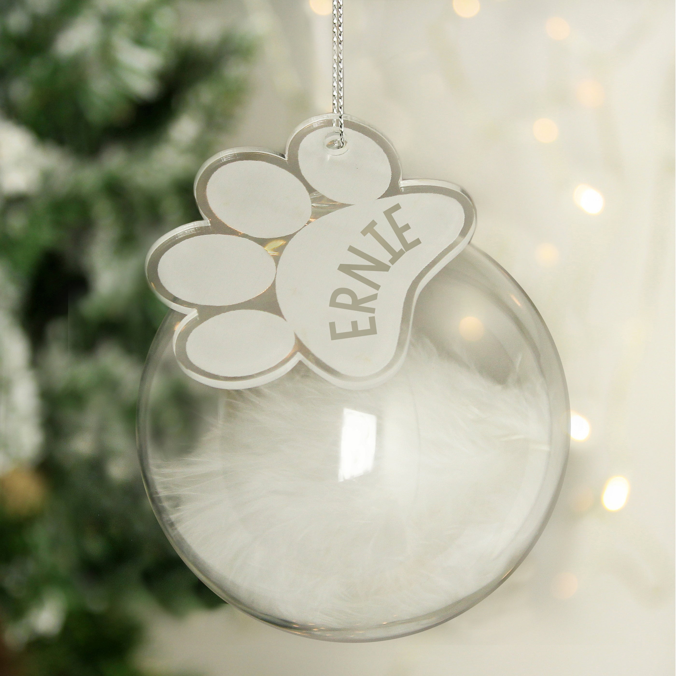 Personalised Pets White Feather Glass Bauble With Paw Print Tag from Heartfelt Gifts