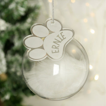 Personalised Pets White Feather Glass Bauble With Paw Print Tag from Heartfelt Gifts
