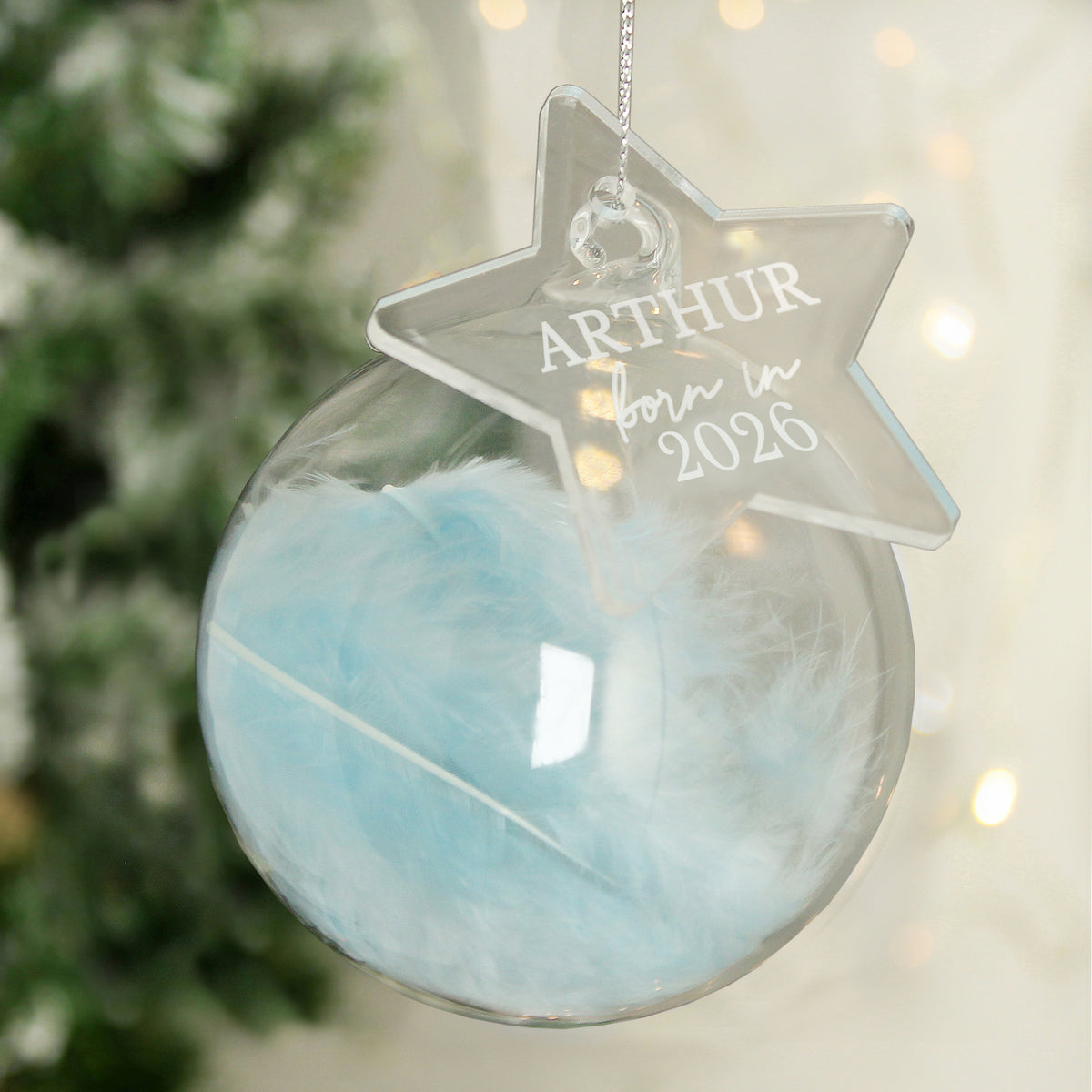 Personalised Born In Blue Feather Glass Bauble With Star Tag from Heartfelt Gifts