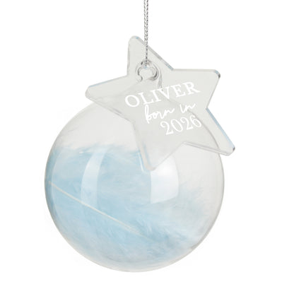 Personalised Born In Blue Feather Glass Bauble With Star Tag - image 4
