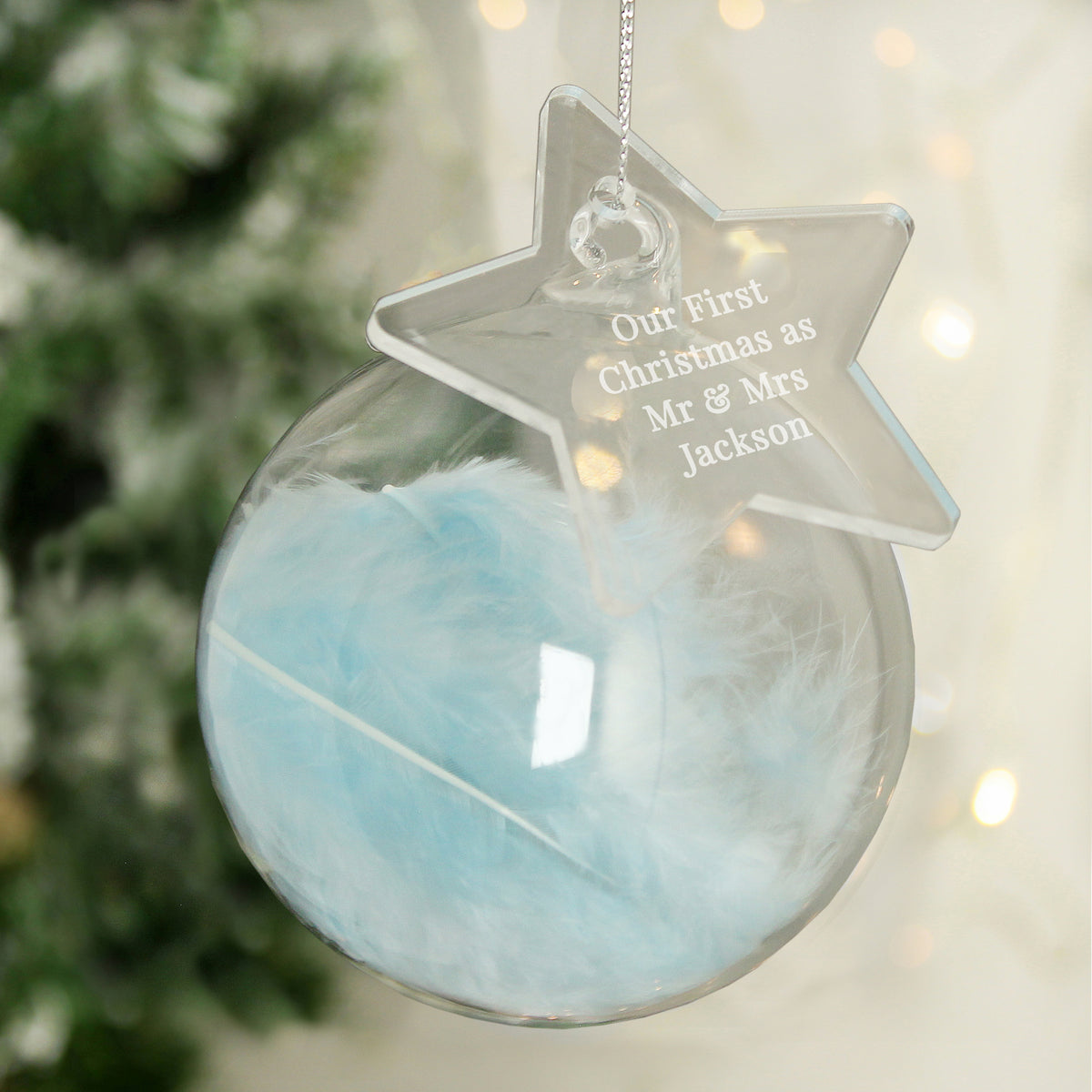 Personalised Free Text Blue Feather Glass Bauble With Star Tag from Heartfelt Gifts