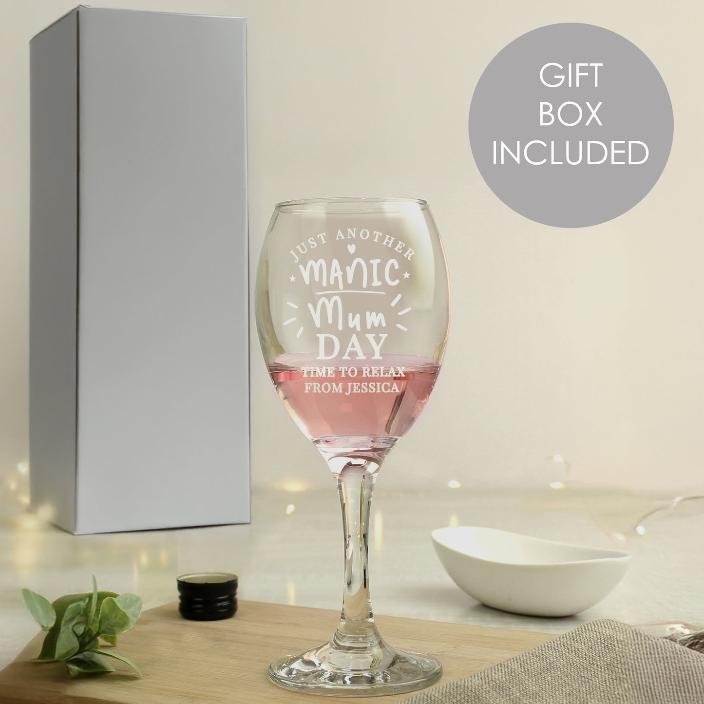 Personalised Manic Mum Day Wine Glass from Heartfelt Gifts