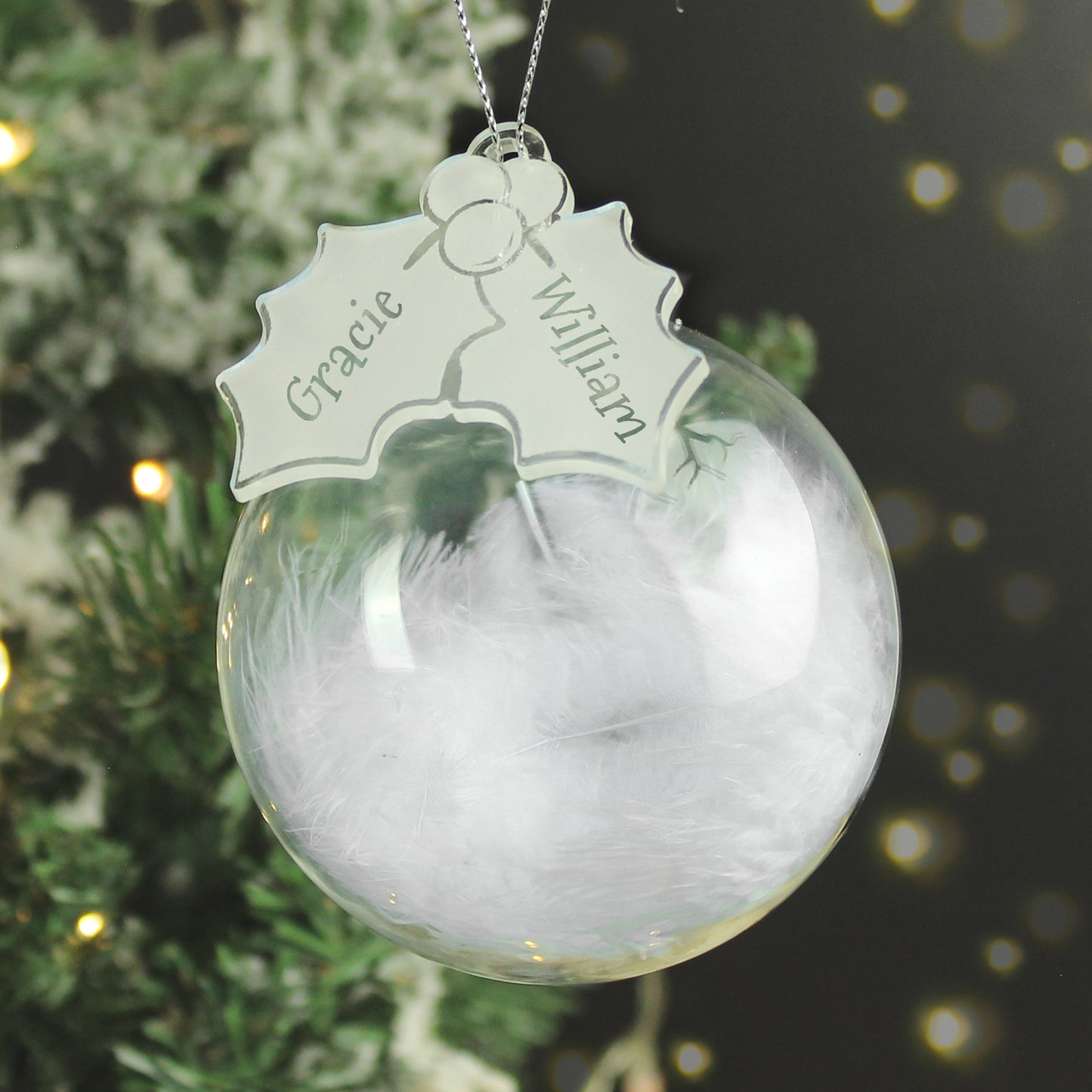 Personalised Holly Acrylic White Feather Bauble from Heartfelt Gifts