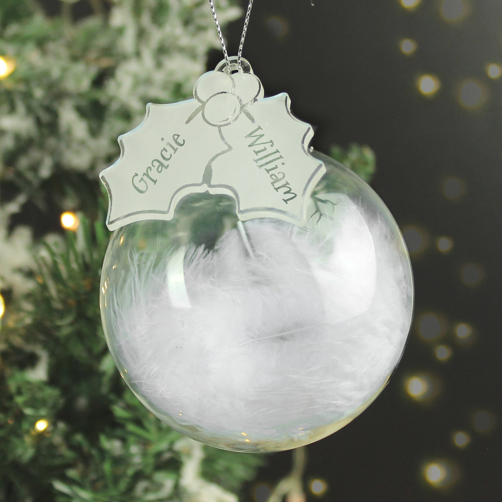 Personalised Holly Acrylic White Feather Bauble from Heartfelt Gifts