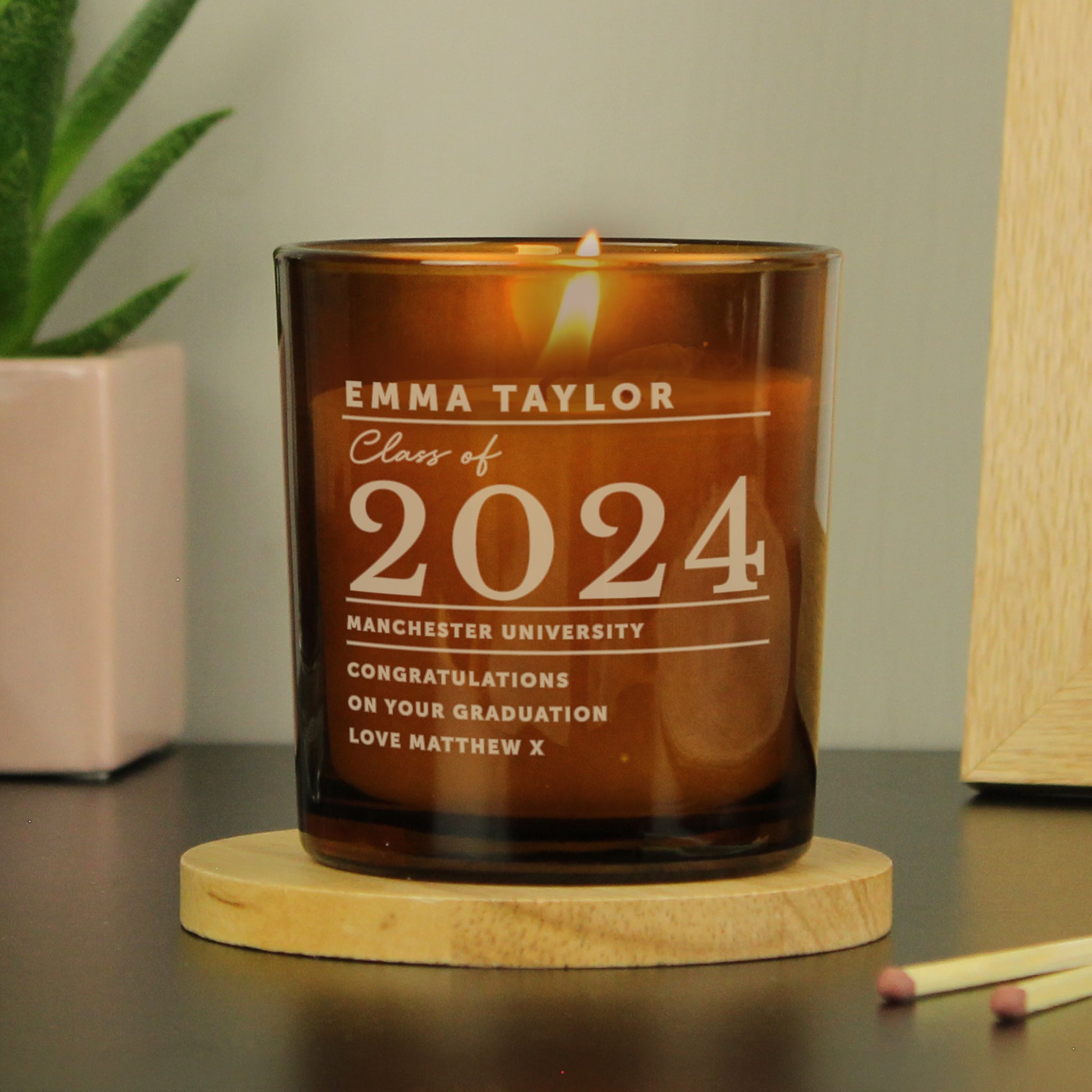 Personalised Graduation Amber Glass Candle from Heartfelt Gifts