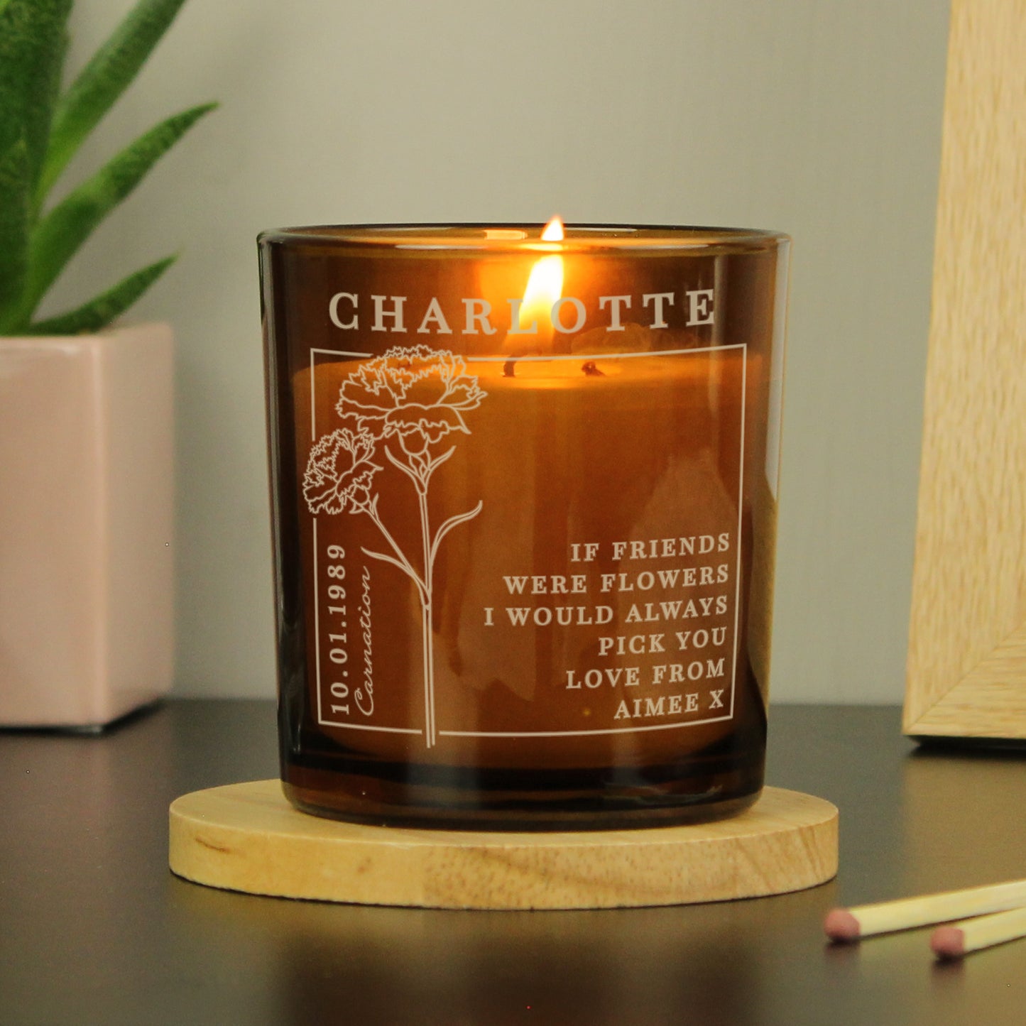 Personalised January Birth Flower Amber Glass Candle from Heartfelt Gifts
