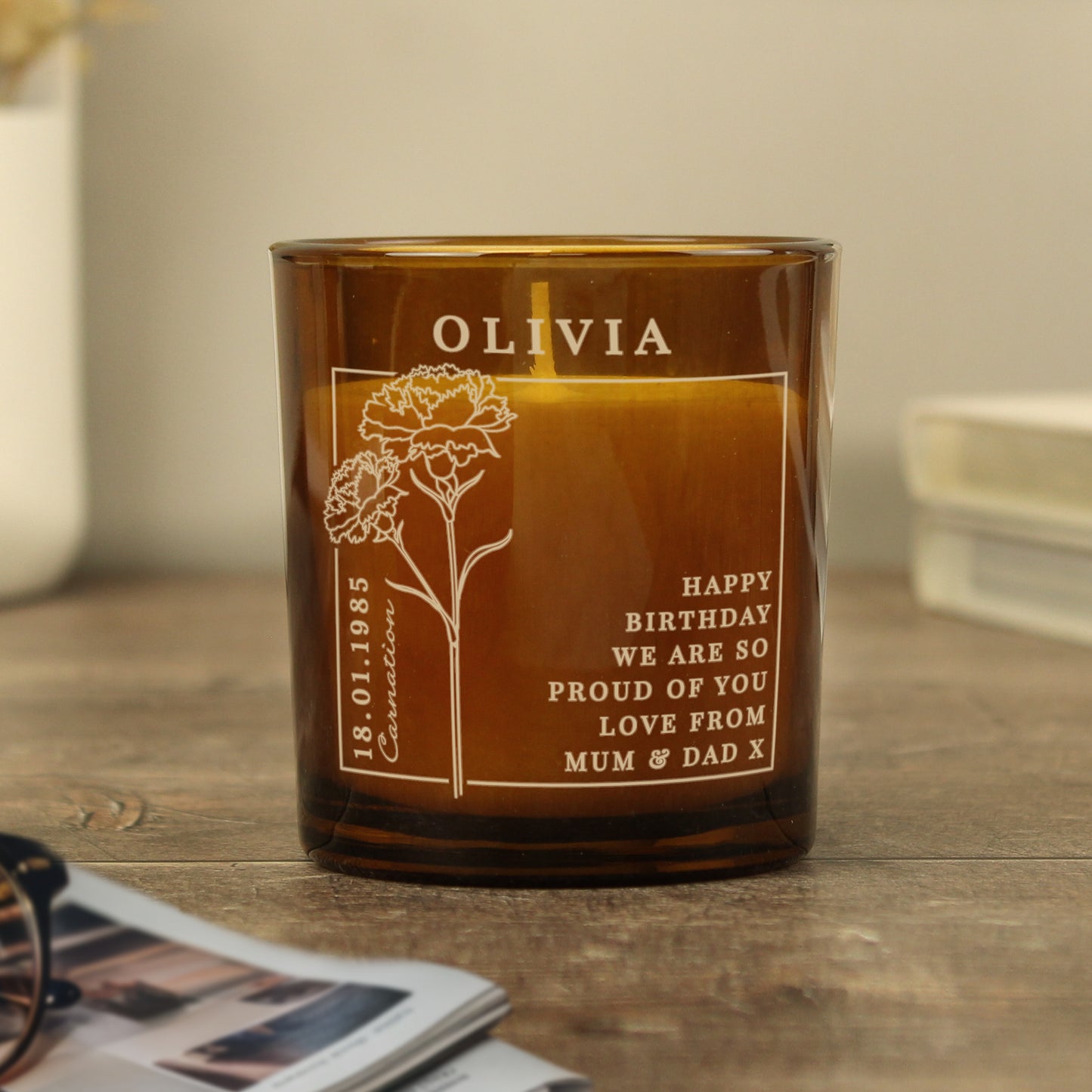Personalised January Birth Flower Amber Glass Candle - image 7