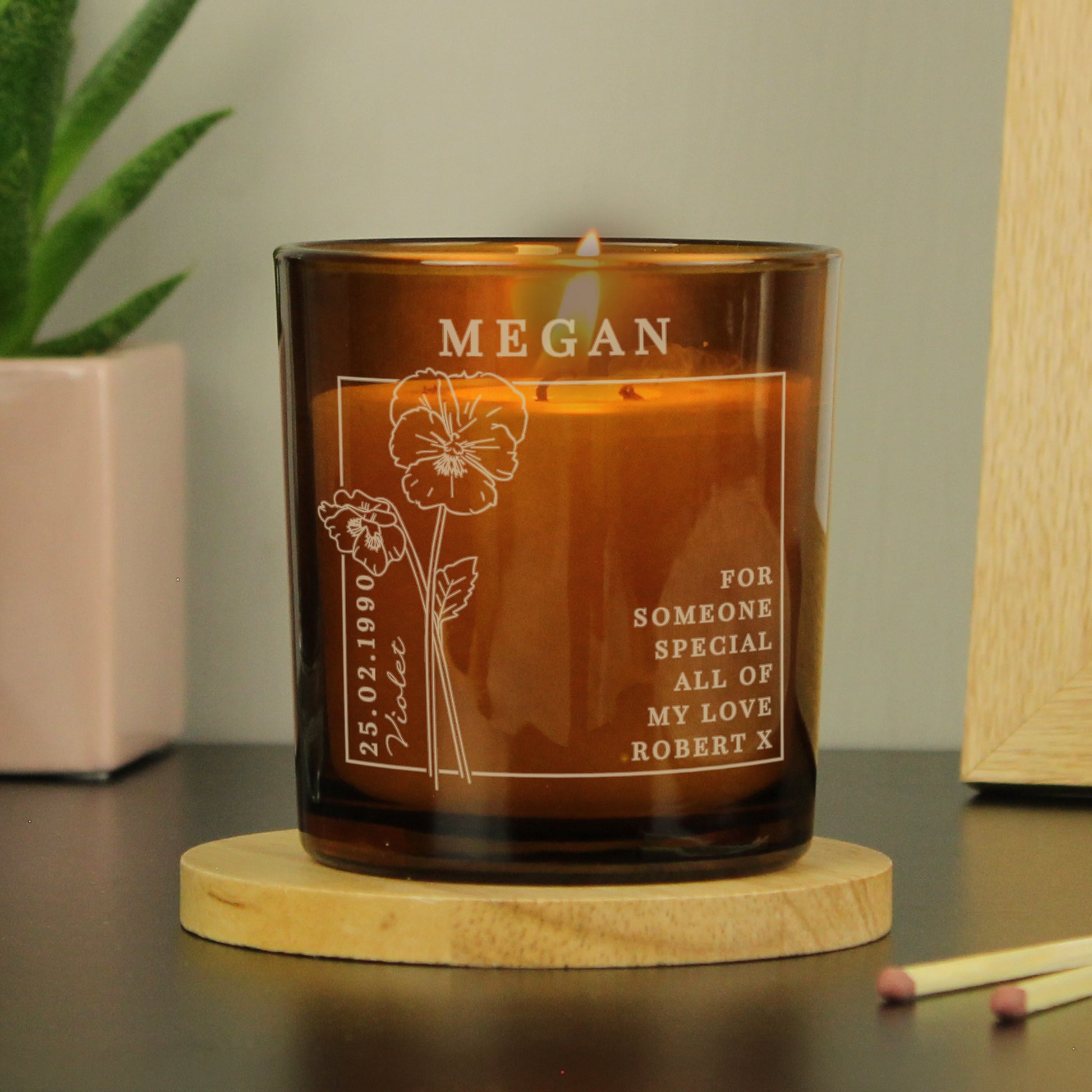 Personalised February Birth Flower Amber Glass Candle from Heartfelt Gifts