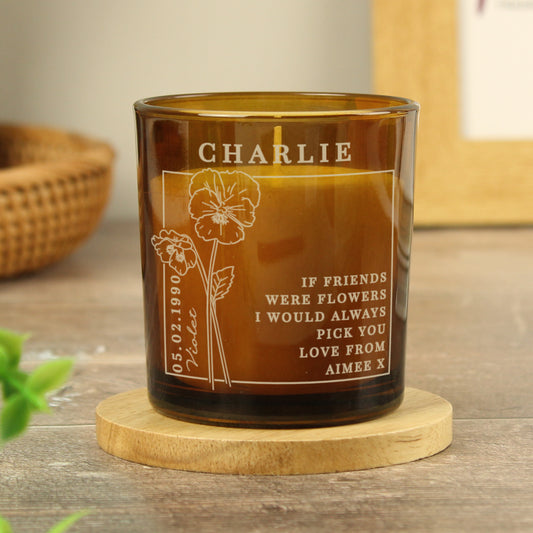 Personalised February Birth Flower Amber Glass Candle - image 2